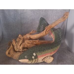 Vintage Folk Art Trout Driftwood Sculpture Lodge Decor 17in Hand Painted 4.2lb